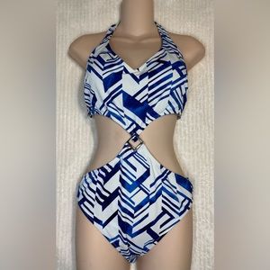 Profile One Piece Blue and White Cut Out Design Swimsuit Size 10
